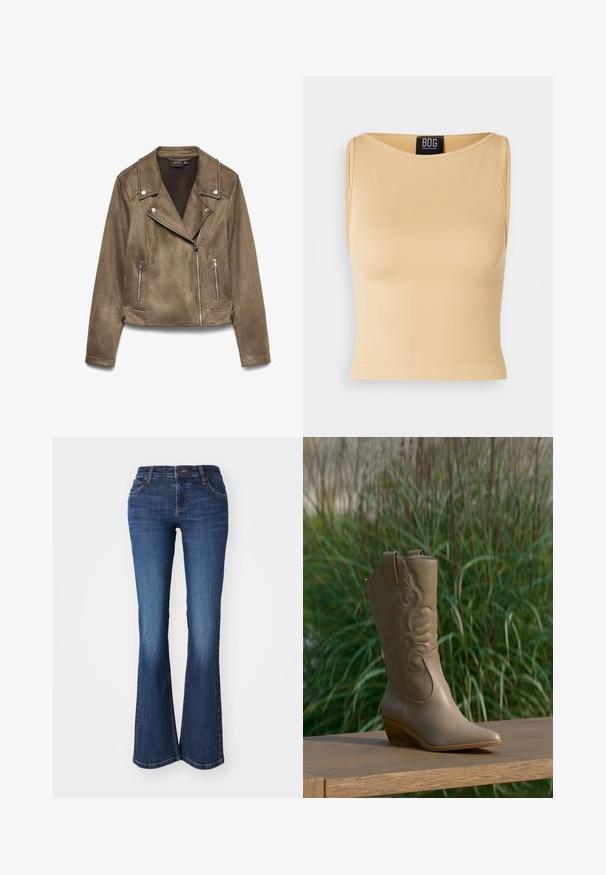 Veste courte de motard en daim marron avec fermetures éclair argentées et boutons-pression sur le col et les poches avant, présentée sur fond blanc.; Crop top beige à côtes sans manches avec un col rond et une silhouette ajustée. Le matériau semble lisse et extensible. Étiquette visible au niveau du col.; Jean en denim évasé avec un lavage bleu moyen, présentant une texture lisse, une taille mi-haute et un design traditionnel à cinq poches avec des accents en métal.; Botte de cowboy en cuir beige avec un motif brodé et un talon en bois, posée sur une surface en bois devant un fond de plante verte.