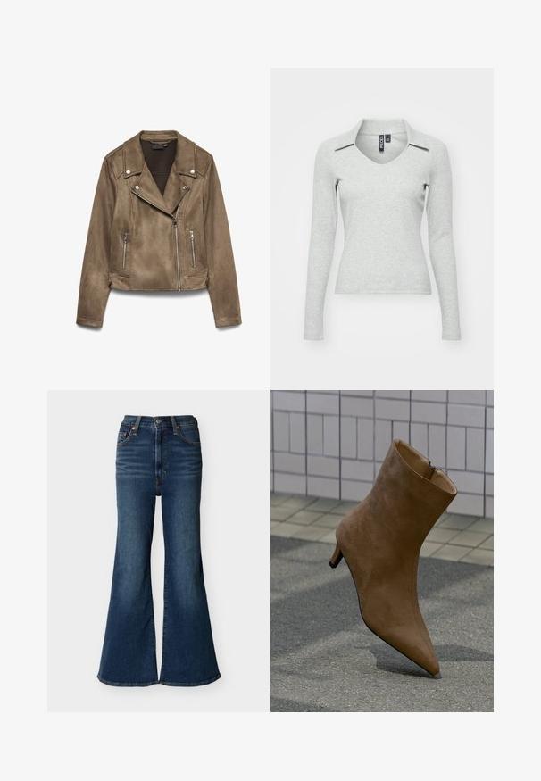 Veste courte de motard en daim marron avec fermetures éclair argentées et boutons-pression sur le col et les poches avant, présentée sur fond blanc.; Haut gris clair à manches longues, en V avec col, fabriqué dans un tissu doux et texturé, présentant une coupe ajustée et un minimum de détails.; Jean évasé taille haute bleu foncé avec une jambe large, en denim, doté de poches avant et d'une braguette à boutons.; Bottine en daim marron avec un bout pointu, fermeture éclair et talon stiletto bas, présentée sur un fond texturé.