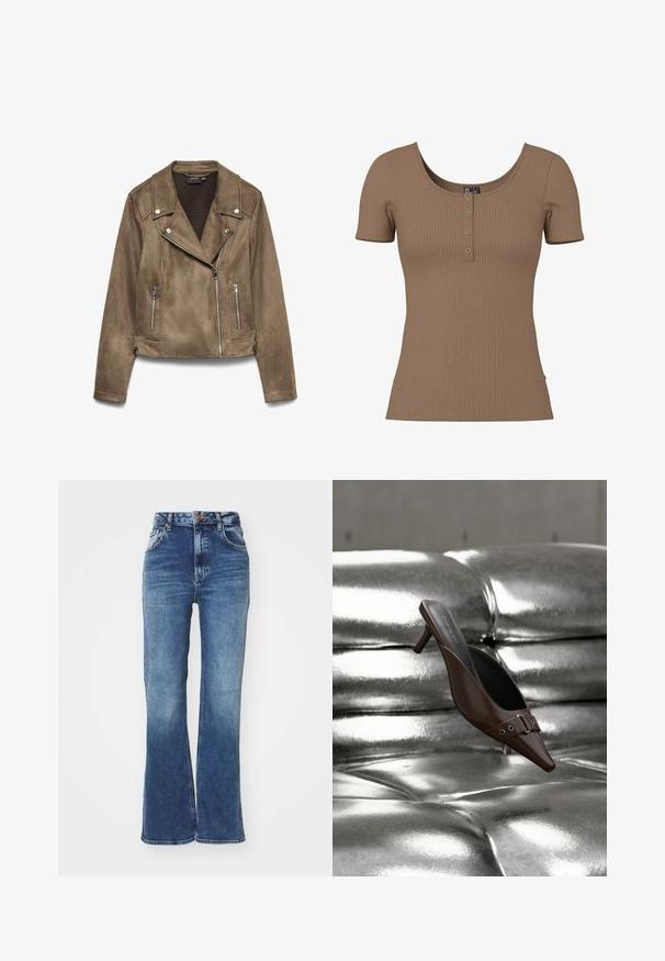 Chaqueta corta de motorista de ante marrón con cremalleras plateadas y botones automáticos en el cuello y los bolsillos delanteros, mostrada sobre un fondo blanco.; Top corto marrón con manga corta acanalada, escote redondo y cuatro pequeños botones plateados redondos en la tapeta frontal.; Vaqueros de tiro alto con campana en una mezclilla azul medio. Diseño de cinco bolsillos con cierre de botón frontal. Presenta un lavado desgastado y costuras en contraste.; Mule de tacón marrón con punta puntiaguda y detalle de hebilla, flotando sobre una superficie de cuero plateado brillante y capitoné.