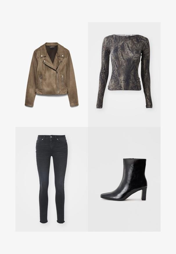 Veste courte de motard en daim marron avec fermetures éclair argentées et boutons-pression sur le col et les poches avant, présentée sur fond blanc.; Haut à manches longues en gris foncé avec une texture froissée. Possède un décolleté rond et une silhouette ajustée. Design simple avec des accents minimaux.; Jeans skinny en denim noir avec une taille mi-haute, cinq poches et un ourlet effiloché. Le tissu a une texture lisse avec un léger stretch.; Bottine noire en cuir brillant, avec un bout pointu et un talon carré moyen, présentant une texture lisse et un design simple.