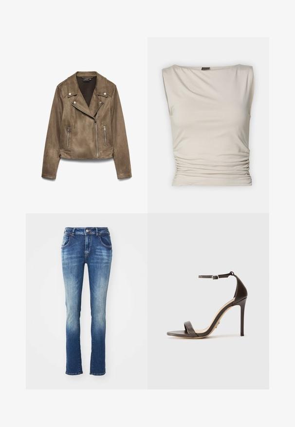 Hnedá semišová krátka biker bunda so striebornými zipsami a patentkami na golieri a predných vreckách, zobrazená na bielom pozadí.; Gina Tricot SOFT TOUCH BOATNECK TOP - Top - pumice stone; Džínsy v stredne až svetlomodrom prechode. Obsahujú klasický dizajn s piatimi vreckami, pútka na opasok a gombíkový zapínací mechanizmus.; Hnedé vysoké podpätky sandále so štíhlym remienkom okolo členka a plochým pásikom na prstoch. Hladká kožená textura s špicatou špičkou a dizajnom ihlového podpätku.