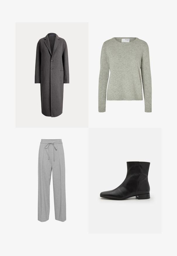Lang mørkegrå uldfrakke med reverskrave, to knapper og sidelommer, vist på en ensartet lys baggrund.; Lys grå sweater lavet af blødt materiale, med lange ærmer, rund halsudskæring og ribbede manchetter og kant. Enkel, klassisk design.; Grå linned brede bukser med høj talje, udstyret med snørre, folder foran og en blød, struktureret finish.; Sort læder ankelstøvle med spids tå, glat tekstur, minimalistisk design og en lav blokhæl. Sidelukning går op til anklen.