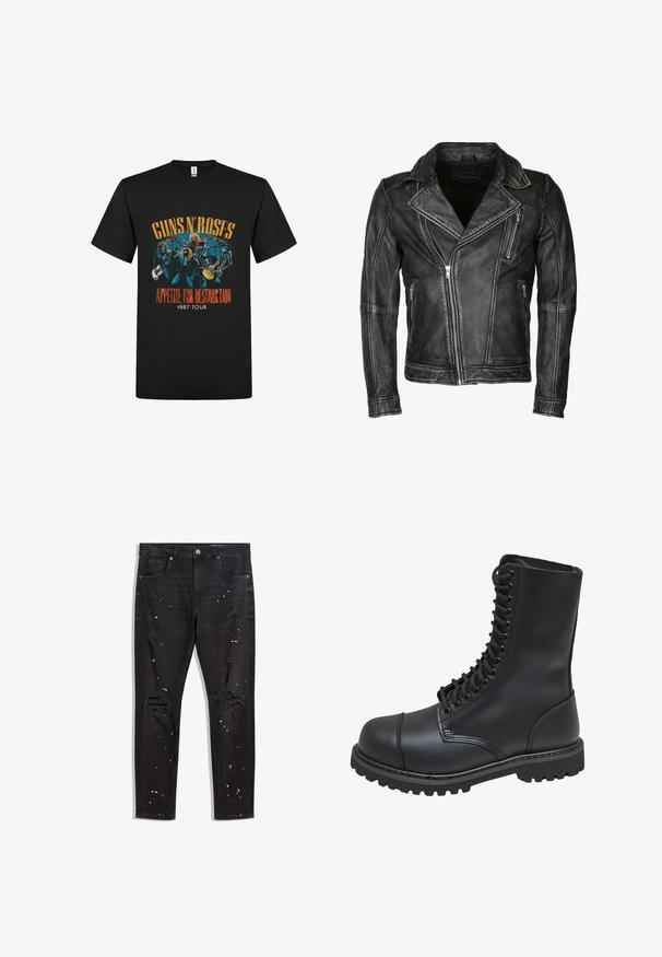 Sort lædermotorcykeljakke med dobbeltbrystet design, lynlåslukning foran og skrå forlommer. Har syningsdetaljer.; Sort bomulds t-shirt med et farverigt grafisk print af bandmedlemmerne, med teksten "Guns N' Roses Appetite for Destruction 1987 Tour."; Sorte denim jeans med slidte lapper, malingspræling i hvid og orange, lige ben, fem-lomme design og metalknaplukning.; Sort læder kampstøvle med høj skaft, snørebånd foran, polstret krave og en robust tekstureret sål for godt greb. Har forstærket tåhætte.