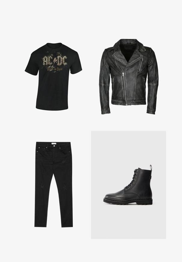 Sort lædermotorcykeljakke med dobbeltbrystet design, lynlåslukning foran og skrå forlommer. Har syningsdetaljer.; Sort bomulds t-shirt med grafisk print af "AC/DC" og "Rock or Bust" i slidte, stiliserede bogstaver med splatteraccents.; Sorte slim-fit jeans med subtile slidte pletter, metalknap, forlommer og et Pier One-mærke i taljen.; Sort læder ankelstøvle med rund tå, snøredesign og metaløjer. Har en tekstureret sål og en pull-tab ved hælen for nem påtagning.