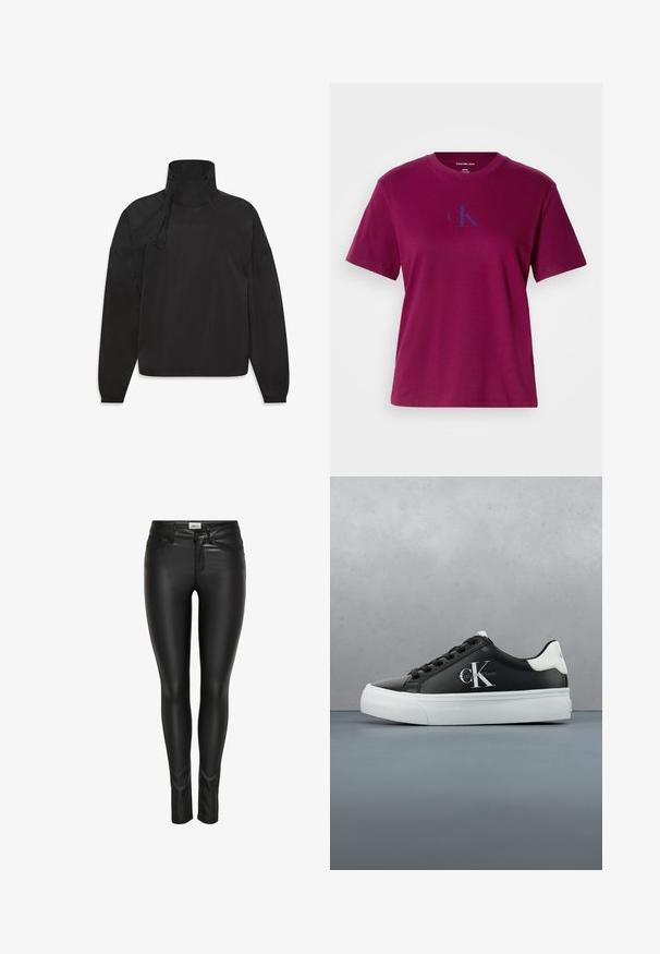 Čierna ľahká bunda s vysokým golierom, zipsom, elastickými manžetami a logom na prednej strane, vyrobená z hladkého, vodeodolného materiálu.; Magenta bavlnené tričko s okrúhlym výstrihom, krátkymi rukávmi a modrým logom na hrudi. Má voľný strih a hladkú textúru.; Čierne slim-fit nohavice z umelého kože s predným gombíkom, zipsom a pútkami na opasok, vystavené na bielom pozadí.; Čiernobiela teniska Calvin Klein s logom na boku, vznášajúca sa nad drevenou a kamennou dlažbou vonku.