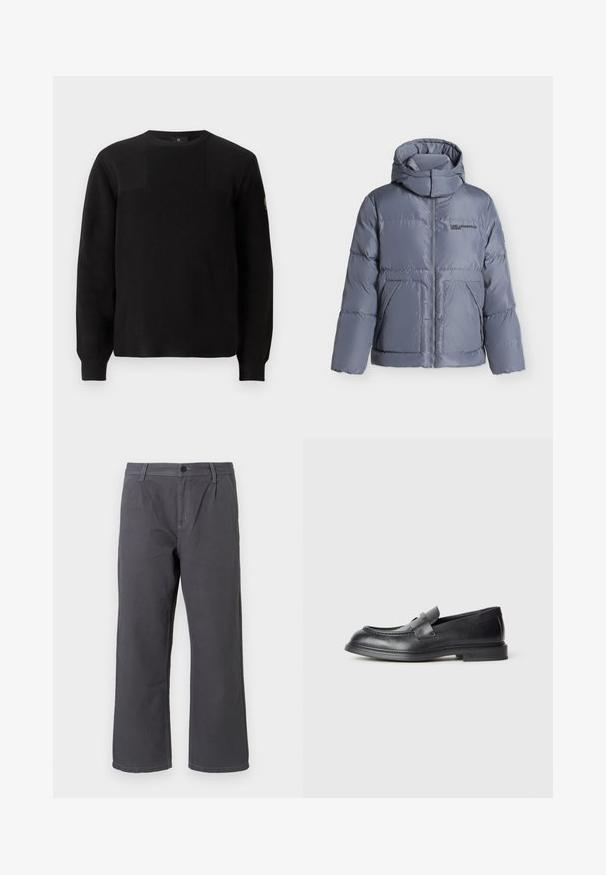 Chaqueta acolchada gris con capucha, cremallera frontal, dos bolsillos delanteros y logotipo "KARL LAGERFELD JEANS" en el pecho.; Suéter negro de punto con textura acanalada, cuello redondo y mangas largas. Presenta un diseño de panel sutil y un pequeño logo en la manga.; Pantalones de algodón gris oscuro con un diseño de pierna recta, cierre frontal de botón y costuras decorativas. Incluye bolsillos laterales y un ajuste casual.; Mocasines de cuero negro con acabado texturizado, que cuentan con una correa decorativa en la parte delantera y punta redondeada. Suela de goma para mayor durabilidad.
