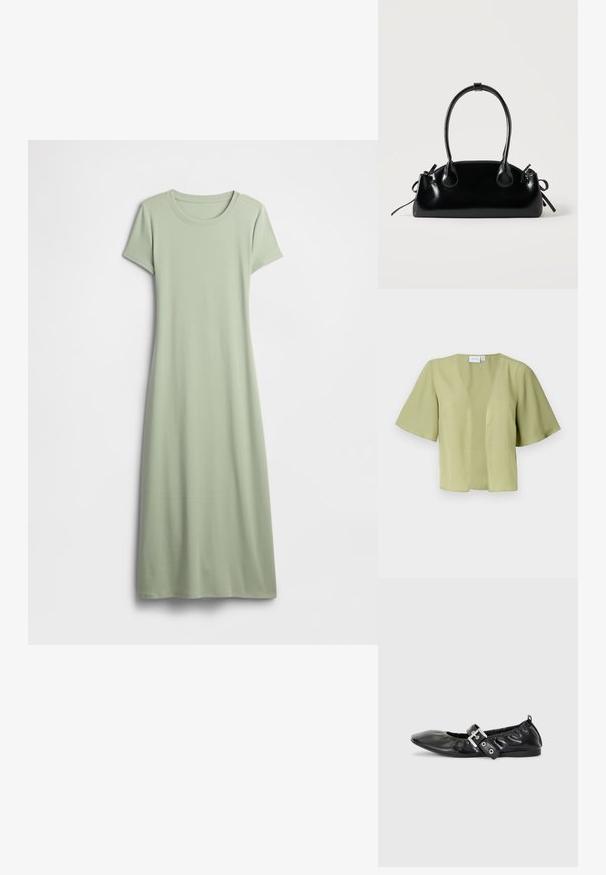 Haut à manches courtes, vert clair, avec un décolleté en V et un devant ouvert. Fabriqué en tissu lisse, avec une coupe décontractée et sans fermetures.; Robe à manches courtes de couleur vert clair, confectionnée dans un tissu doux. Elle présente un col rond et une coupe longue et fluide sans ornements.; Chaussure plate en cuir noir avec un nez pointu, des détails froncés autour de l'ouverture et un accent en boucle argentée sur la bride ajustable.; Petit sac à main noir brillant avec deux longues anses et des détails à cordon sur les côtés sur un fond clair uni.