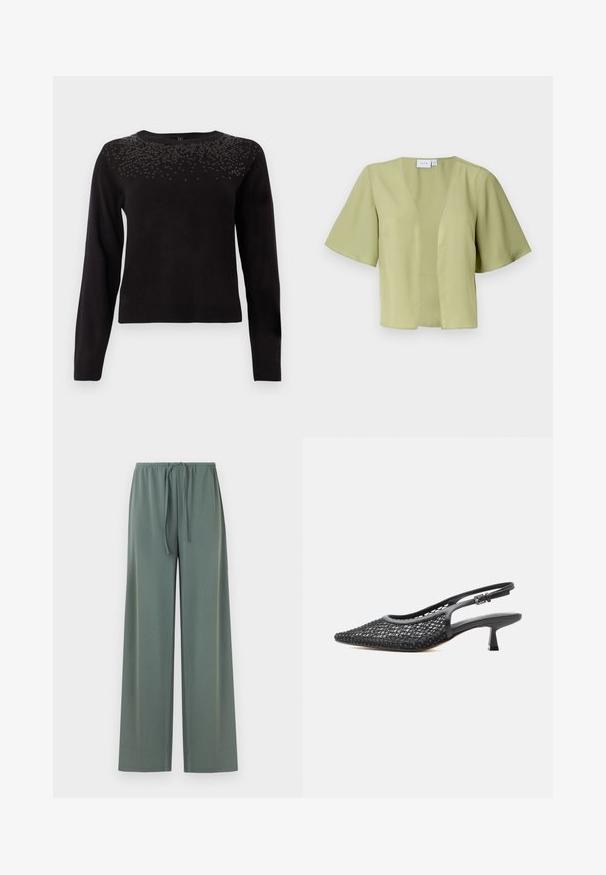 Haut à manches courtes, vert clair, avec un décolleté en V et un devant ouvert. Fabriqué en tissu lisse, avec une coupe décontractée et sans fermetures.; Pull noir à manches longues, décolleté rond, et orné de sequins dans la partie supérieure du torse. Texture douce et design ajusté.; Pantalon de détente ample vert sauge avec taille élastique et cordon de serrage, coupe droite à jambes larges, présenté sur fond uni.; Chaussure noire à bride slingback en maille, bout pointu, talon kitten et boucle de sangle ajustable à la cheville sur fond blanc.