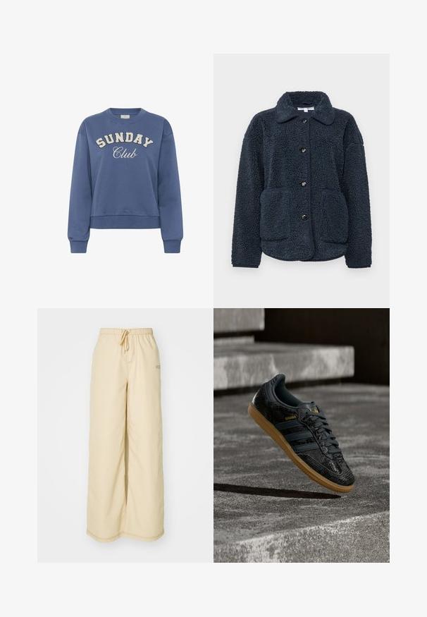 Tummansininen fleecejakku, jossa on teksturoitu kangas, napitettava suljenta, terävä kaulus ja kaksi etutaskua. Suunniteltu lämpöä ja mukavuutta varten.; Sininen crewneck-huppari, jossa edessä valkoisilla tekstuurilla painettu "SUNDAY Club" ja pitkät ribbikujat.; Beige leveled trousers made of soft fabric, featuring an elastic waistband with a drawstring, side pockets, and subtle stitching details.; Musta Adidas Samba -tennari, jossa on teksturoitu kuvio, kumipohja ja kultainen logo, ilmassa betonisten portaiden yläpuolella.