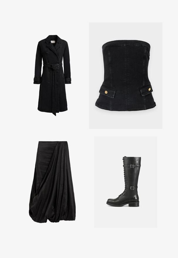 Trench-coat noir à double boutonnage avec ceinture à la taille, col cranté, pattes de manche boutonnées et poches latérales, style mi-long.; Corset sans bretelles en denim noir au design ajusté, avec des accents en métal doré et deux poches avant. Texture lisse, forme structurée.; Jupe drapée noire en tissu doux, présentant des plis intricats et une silhouette fluide avec un détail de taille froncée.; Bottes hautes en cuir noir avec un laçage sur le devant, des boucles sur le côté, une texture lisse, un bout arrondi et un talon bas solide.