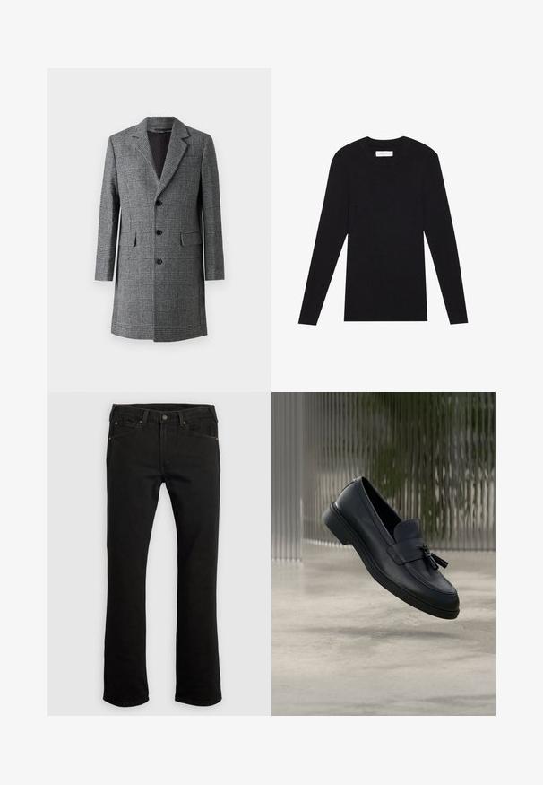 Manteau long à carreaux gris avec un col cranté, trois boutons à l'avant et des poches latérales ; il présente un tissu texturé semblable à de la laine et un intérieur lisse.; Pier One by Zalando MUSCLE FIT KNITJUMPER - Pullover - black; Jean en denim noir avec une coupe droite, cinq poches, des accents en cuivre, et des passants pour ceinture. Texture du tissu unie sans motifs.; Mocassins en cuir noir avec une texture lisse, un bout arrondi et des pampilles décoratives à l'avant. Semelle en caoutchouc flexible avec un petit talon.