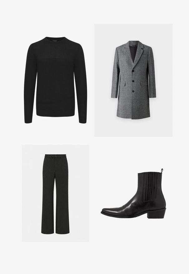 Manteau long à carreaux gris avec un col cranté, trois boutons à l'avant et des poches latérales ; il présente un tissu texturé semblable à de la laine et un intérieur lisse.; Pull en tricot noir avec un col rond, doté d'un panneau supérieur texturé et de poignets et d'un ourlet côtelés. Fabriqué à partir d'un tissu doux et chaud.; Pantalon noir à jambes larges avec fines rayures verticales blanches, bouton et passants à la taille.; Bottine noire en cuir avec un bout pointu, des panneaux latéraux élastiques, des accents de coutures verticales et un petit talon bloc.