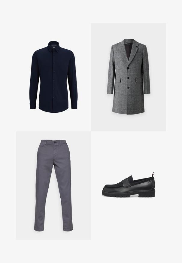 Gråternet lang frakke med notch lapel, tre frontknapper og sidelommer; har et struktureret uldlignende stof og en glat inderside.; Marineblå langærmet skjorte med knapper lavet af vævet stof, med klassisk krave, lige pasform og frontlukning med knapper.; Grå bomuldsbukser med lige snit, udstyret med knaplukning, bæltestropper og sidelommer. Glat tekstur og ingen synlige mønstre.; Sorte loafers med en glat læderoverdel, gummisål og teksturerede accenter på den øverste del. Har en syet kant og slip-on design.