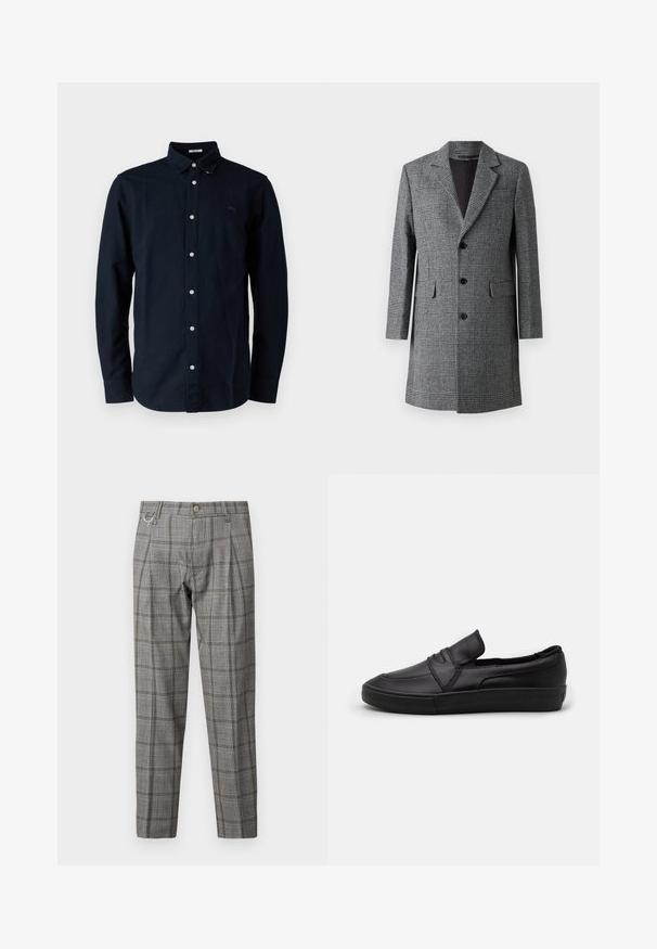 Gråternet lang frakke med notch lapel, tre frontknapper og sidelommer; har et struktureret uldlignende stof og en glat inderside.; Marinblå knap-op skjorte lavet af bomuld, med klassisk krave, lange ærmer og et lille broderet logo på brystet.; Gråternet bukser med skræddersyet pasform, der har en knaplukning, plisseringer, sidelommer og en metalaccentløkke.; Sorte slip-on sko lavet af glat læder, med et syet design foran og en struktureret gummisål for godt greb.