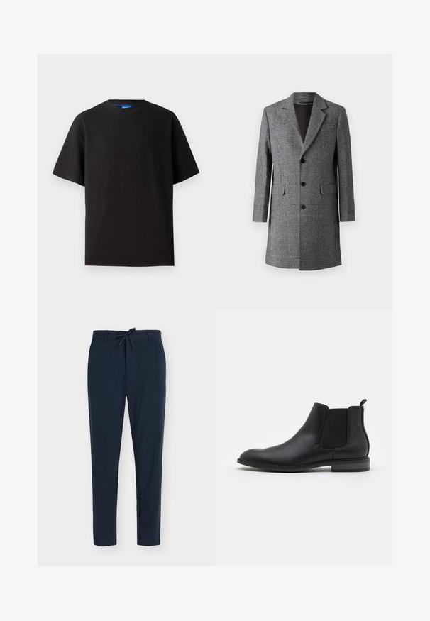 Gråternet lang frakke med notch lapel, tre frontknapper og sidelommer; har et struktureret uldlignende stof og en glat inderside.; Sort t-shirt med korte ærmer, rund hals, lavet af ribbet stof. Har en afslappet pasform og et subtile blåt mærke indeni halsudskæringen.; Marineblå bukser lavet af glat stof med snøre i taljen, med vertikalt nålestribet mønster og tilspidset ben.; Sort læder Chelsea støvle med elastiske sidelapper, rund tå og trækflap, der har en lav blokhælt og glat overflade.