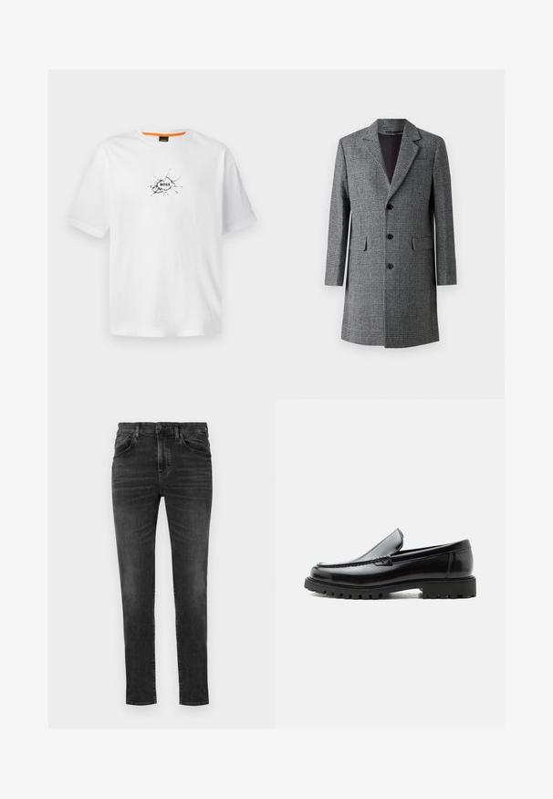 Grijze geruite lange jas met een notch lapel, drie knopen aan de voorkant en zijzakken; gemaakt van een gestructureerde wolachtige stof met een soepele binnenkant.; Witte katoenen t-shirt met een ronde hals, voorzien van een zwart gebarsten ontwerp en het woord "BOSS" in het midden. Korte mouwen.; BOSS ONYX - Jeans Tapered Fit - charcoal; Zwarte leren loafer met dikke rubberen zool, gestikte bovenkant en gegraveerde merknaam op de hiel, zijaanzicht op witte achtergrond.