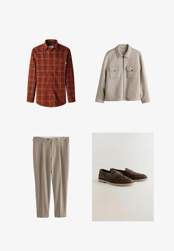 Beige Wolljacke mit einem Frontreißverschluss, zwei knöpfbaren Brusttaschen, langen Ärmeln und einem klassischen Kragen.; Karierte rot-braune Knöpfenhemd mit langen Ärmeln und einem klassischen Kragen. Hat eine Tasche auf der linken Brust und einen strukturierten Stoff.; Hellebeige, gerade geschnittene Hose mit glatter Textur, einfacher Knopfverschluss und zwei vorderen Falten, ausgestattet mit Gürtelschlaufen und ohne Taschen.; Braune Wildleder-Slippers mit gesticktem Design, flacher Gummisohle und einem markanten Riemen über dem Spann. Glatte Textur und lässige Form.