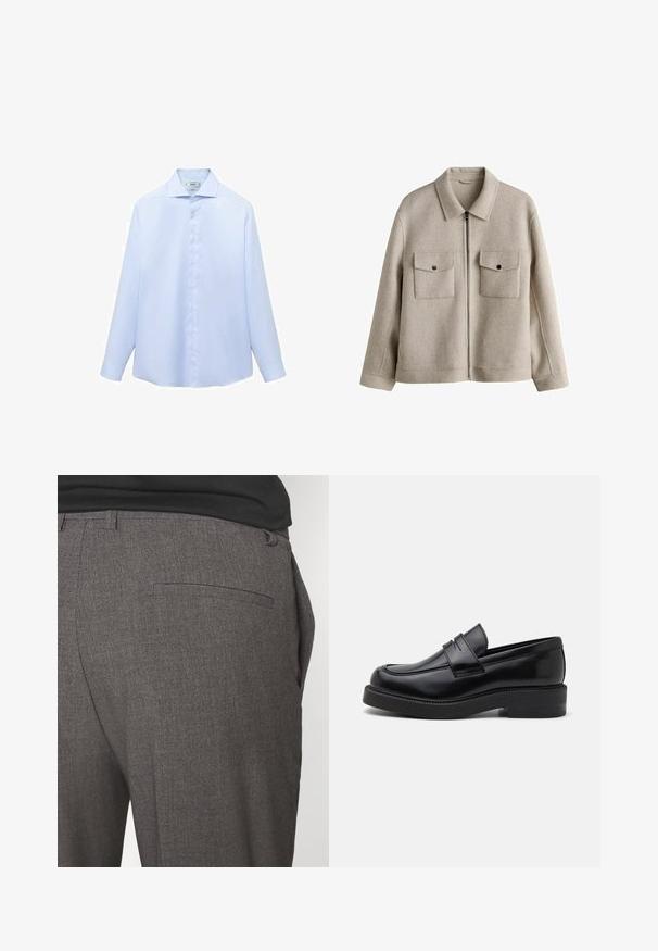 Chaqueta de lana beige con cremallera frontal, dos bolsillos en el pecho con botones, mangas largas y cuello clásico.; Camisa de manga larga azul clara en un tejido suave, con cuello puntiagudo y botonera completa con botones blancos. Sin estampados ni acentos.; Pantalones grises ajustados con una textura suave, que cuentan con un bolsillo trasero y un diseño slim fit. La tela tiene un patrón sutil.; Mocasín de cuero negro con punta redondeada, costura decorativa en la parte frontal y suela de goma gruesa. Textura suave con un acabado pulido.