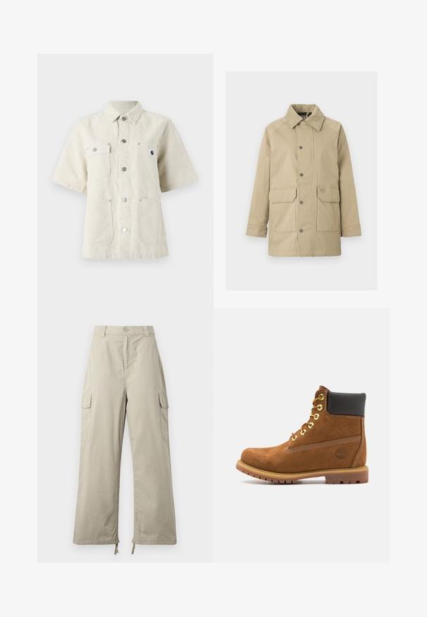 Beige jakke med en blød, suedelignende krave, trykknapper og to forlommer. Materialet er glat med et struktureret, udendørs design.; Kortærmet skjorte i lys beige stof, med spidse kraver, frontknapper, to brystlommer og et lille logomærke på venstre side.; Lys beige cargo bukser med en afslappet pasform, der har knaplukning, sidelommer og justerbar kant med snore. Glat stoftekstur.; Brun ruskinds ankelstøvle med sort polstret krave, gyldne øjer, snørebånd foran og gummisål med et struktureret mønster.