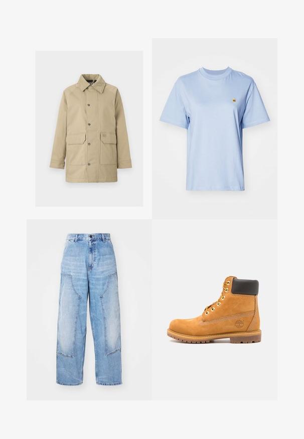 Beige jakke med en blød, suedelignende krave, trykknapper og to forlommer. Materialet er glat med et struktureret, udendørs design.; Lys blå bomulds t-shirt med korte ærmer, rund halsudskæring og lille gul broderet logo på brystet. Blød tekstur, afslappet pasform.; Lysblå denim bredbenede bukser med to store forlommer, en knaplukning og subtil falming. Syninger på lommedetaljerne.; Brune læder ankelstøvle med sort polstring, gyldne øsken og en tekstureret sål. Har et cirkulært logo på siden og synlige syninger.