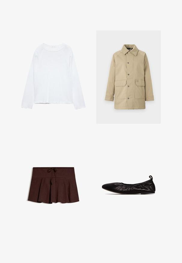 Veste beige avec un col doux similaire au daim, boutons-pression et deux poches avant. Le matériau est lisse avec un design structuré, adapté pour l'extérieur.; Chemise blanche à manches longues en tissu doux, dotée d'un col rond et de manches raglan avec une coupe ample et peu de détails.; Jupe plissée marron foncé avec large ceinture et cordon de serrage au centre devant, posée à plat sur fond blanc.; Ballerines en cuir noir avec une finition lisse, bord supérieur élastiqué et un bout arrondi doux. Équipées d'une petite boucle à l'arrière pour un enfilage facile.