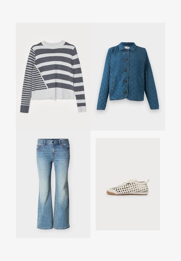 Quilted denimjakke med krave, lange ærmer, frontknapper og to sidelommer foran en ensfarvet baggrund.; Stribet sweater med rund hals, der har en blanding af mørkegrå og lysegrå vandrette striber i varierende bredder og en blød tekstur.; Lyseblå flare-jeans lavet af denim, med et klassisk design med fem lommer, knaplukning og gradvis falmning mod kanten.; Hvid vævet lædersneaker med beige gummisål, sidelukning med lynlås og trækstrop ved hælen, vist i profil på hvid baggrund.