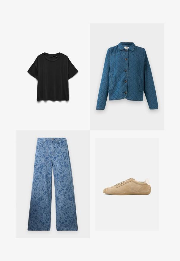 Quilted denimjakke med krave, lange ærmer, frontknapper og to sidelommer foran en ensfarvet baggrund.; Sort kortærmet bomuld T-shirt med rund halsudskæring, vist fladt på hvid baggrund.; Blå jeans med vide ben og høj talje med et indviklet paisley-mønster og klassisk fem-lomme-design.; Tanfarvede ruskindssneakers med en glat tekstur, rundet tå, lys snørredesign og en kontrasterende hvid hælaccent. Fleksibel gummisål.