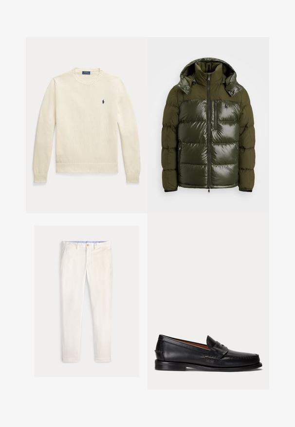 Grønne pufferjakke med en skinnende finish. Har høj krave, aftagelig hætte, lynlåslukning og to sidelommer. Polyester materiale.; Kremfarvet strikket langærmet sweater med ribstrikkede manchetter og kant, med et lille navy Polo Ralph Lauren-logo på brystet.; Herre slim-fit off-white bukser med frontlommer, bæltestropper og knaplukning på en ensfarvet baggrund.; Sort læderloafer med lav hæl og pennyremdetalje, vist fra siden på en lysegrå baggrund.