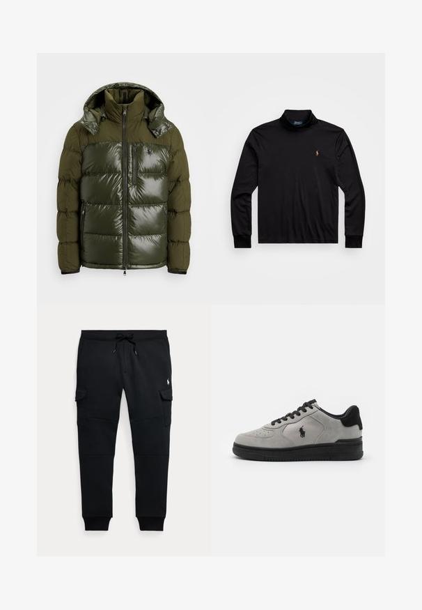 Grønne pufferjakke med en skinnende finish. Har høj krave, aftagelig hætte, lynlåslukning og to sidelommer. Polyester materiale.; Sort langærmet polo skjorte med høj halskrave, fremstillet af glat stof, med et lille broderet logo på venstre bryst.; Sorte cargo joggebukser med snøre i taljen, sidelommer med klap, ribkantsmanchetter og lille hvid polo spiller logo på højre lår.; Grå ruskinds-sneakers med sorte detaljer, der har et tekstureret stofpanel på siden, rund tå og sort gummisål. Logo broderet på siden.