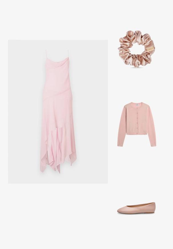 Lichtroze, langärmelig, cropped vestje met ronde halslijn en zes knopen aan de voorkant, plat liggend op een witte achtergrond weergegeven.; Roze midi-jurk met dunne banden, met een gedrapeerde bovenkant en een asymmetrische zoom. Gemaakt van lichte, vloeiende stof met een zachte textuur.; Roze leren ballerina met een puntige neus, gladde textuur, minimale accenten en een effen lichtbruine zool. Eenvoudig ontwerp, zonder versieringen.; Lichtroze satijnen scrunchie met een klein beige label op een witte achtergrond, met een gladde, glanzende stof en geraffineerde textuur.
