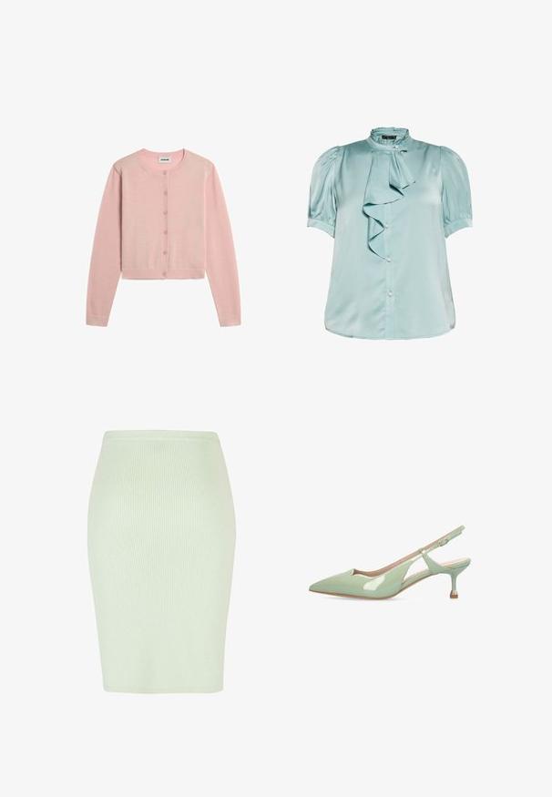 Cardigan court rose clair à manches longues, avec encolure ronde et six boutons sur le devant, présenté à plat sur un fond blanc.; Blouse en satin bleu clair avec manches courtes bouffantes, col haut volanté, fermeture frontale par boutons et détail de volants en cascade.; Jupe crayon en tricot de couleur vert menthe clair avec une texture à côtes verticales, forme ajustée et ceinture lisse. Idéale pour une tenue décontractée ou formelle.; Escarpin slingback vert pastel brillant avec bout pointu et petit talon aiguille fin avec embout métallique.