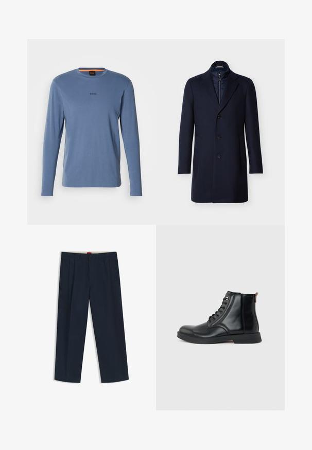 Marineblauwe wollen overjas met een hoge kraag, dubbele rij knopen, twee zijzakken en een gewatteerde voering aan de binnenkant.; Langsleeve blauwe T-shirt van zachte stof, met een ronde halslijn en het "BOSS"-logo in donkergrijs op de borst.; Donkerblauwe broek met wijde pijpen, riemlussen, knoopsluiting en ritssluiting aan de voorkant, en zijzakken, afgebeeld op een witte achtergrond.; Zwarte leren enkellaars met veters aan de voorkant, ronde neus, platte zool en trekkoord aan de achterkant op een effen lichtgrijze achtergrond.