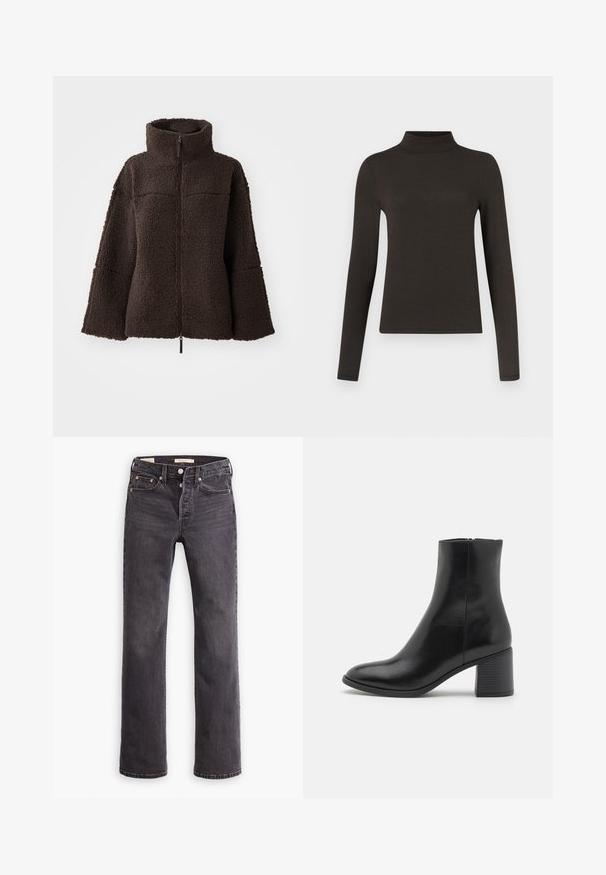 Donkerbruin ritsjack met hoge kraag en brede mouwen, gemaakt van gestructureerde, zachte sherpa stof.; Langarm turtleneck top in donkerbruin, gemaakt van zachte stof met een aansluitend ontwerp en een minimalistische uitstraling. Geen patronen of accenten.; Zwarte spijkerbroek van denim met een rechte snit, voorzien van een knoopsluiting, koperen klinknagels en subtiele vervaging. Klassiek vijfzakkenontwerp.; Zwarte leren enkelboot met een ronde neus, een blokhak van gemiddelde hoogte en een gladde afwerking. Voorzien van een discrete zijrits.