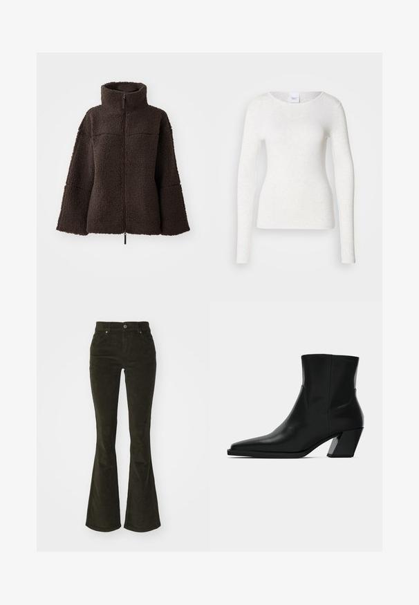 Chaqueta de forro polar de color marrón oscuro con cremallera, cuello alto y mangas anchas, hecha de un suave tejido de sherpa texturizado.; Camiseta blanca de manga larga en un tejido suave y ligero con escote redondo y ajuste slim, con una textura sutil.; Pantalones de pana acampanados en verde oscuro. Presentan bolsillos frontales, cierre de botón y una tela suave y texturizada con un patrón acanalado.; Bota de tobillo de cuero negro con punta afilada, una silueta elegante y un tacón cuadrado grueso. Textura suave con detalles de costura mínimos.
