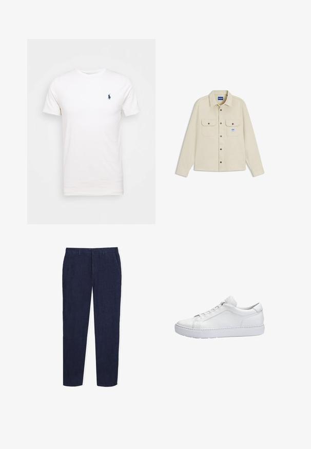 Beige langärmliges Hemd zum Knöpfen mit Kragen, zwei Brusttaschen mit Knopfklappen und einem kleinen blauen Markenlabel auf der linken Tasche.; Weißes Baumwoll-T-Shirt mit Rundhalsausschnitt. Mit einem kleinen dunkelblauen Logo auf der linken Brust. Kurze Ärmel, glatte Textur.; Dunkelblaue, maßgeschneiderte Hose mit vorderer Knopf- und Reißverschluss, Seitentaschen und Gürtelschlaufen, flach auf weißem Hintergrund präsentiert.; Weißer Leder-Sneaker in niedrigem Schnitt mit dicker Sohle, Schnürverschluss und minimalen Nahtdetails, seitlich auf weißem Hintergrund gezeigt.