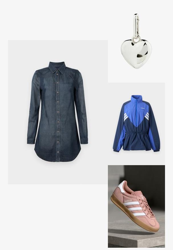 Sininen ja laivastonsininen Adidaksen tuulitakki, jossa korkea kaulus, vetoketju edessä, joustava vyötärön kiristysnyöri sekä valkoiset raidat rinnassa ja hihoissa.; Denim-paita, tummansininen ruudullisella kuviolla, pitkät hihat, napillinen edessä ja klassinen kaulus. Hieman pyöristetty helma.; Vaaleanpunaiset mokkasneakerit valkoisilla raidoilla, kuminen pohja, teksturoitu yläosa ja logo kielessä. Klassinen matala malli.; Hopeaketju hopeinen, kiillotettu pinta, jossa on lenkki kiinnittämistä varten. Sileä muoto, heijastava tekstuuri ilman näkyviä kuvioita.