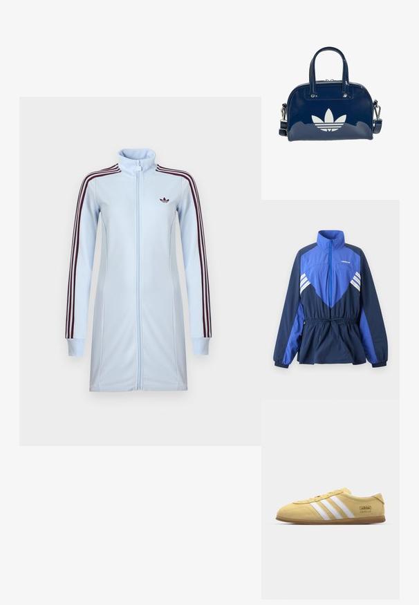 Blauwe en marineblauwe Adidas windbreaker jas met hoge kraag, ritssluiting aan de voorkant, elastisch koord in de taille en witte strepen op borst en mouwen.; Lichtblauw sportief jack met ritssluiting en hoge kraag, voorzien van bordeauxrode strepen op de mouwen en een klein logo op de borst. Gladde stoftextuur.; adidas Originals GAZELLE LO PRO W - Sneakers laag - almost yellow/footwear white; Glanzende donkerblauwe handtas met dubbele handvatten en verstelbare riem, met een groot wit Adidas trefoil-logo aan de voorkant.