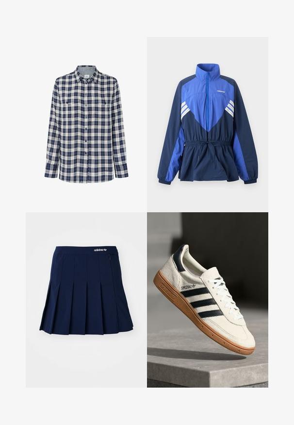 Blauwe en marineblauwe Adidas windbreaker jas met hoge kraag, ritssluiting aan de voorkant, elastisch koord in de taille en witte strepen op borst en mouwen.; Geruite flanellen shirt in marineblauw, wit en rood. Lange mouwen, knoopsluiting aan de voorkant, twee borstzakken en een subtiel logo aan de zoom.; Marineblauwe plooienrok van lichtgewicht stof; heeft een elastische tailleband en een klein zipvak, met een wit Adidas-logo op de voorkant.; Witte suède sneakers met marineblauwe strepen, rubberen gumzool, gestructureerde bovenkant, ronde neus en veters; heeft branding aan de zijkant en op de tong.