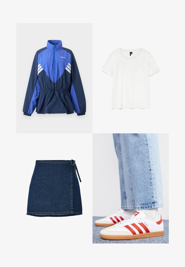 Blauwe en marineblauwe Adidas windbreaker jas met hoge kraag, ritssluiting aan de voorkant, elastisch koord in de taille en witte strepen op borst en mouwen.; Witte t-shirt met korte mouwen en een ronde hals, gemaakt van lichte stof. Eenvoudig ontwerp, gladde textuur en rechte zoom.; Denimrok met een wikkelontwerp, donkerblauwe kleur en een gestrikt midden. Bevat stikdetails langs de zoom en de zijnaad.; Witte leren sneakers met rode strepen en accenten. Voorzien van een getextureerde gumrubberen outsole en een gevoerde kraag. Draag ze met lichtblauwe denim.