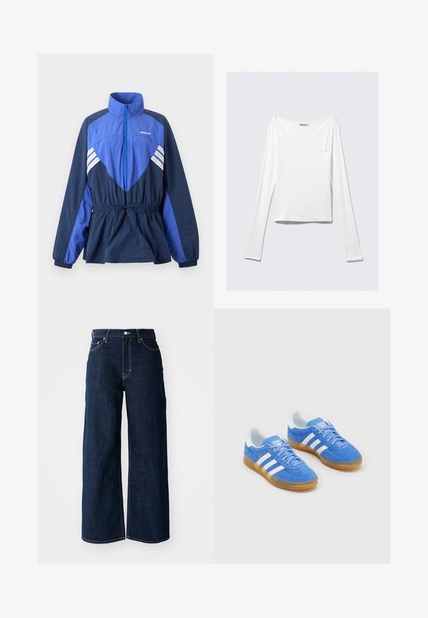 Modro-tmavomodrá vetrovka Adidas s vysokým golierom, predným zipsom, elastickým sťahovaním v páse a bielymi pruhmi na hrudi a rukávoch.; Biela blúzka s dlhým rukávom a prekríženým dizajnom, s vreckom. Vyrobená z hladkej, elastickej látky. Strih v uvoľnenom, voľnom štýle.; Široké tmavomodré džínsy so kontrastným prešívaním, dizajnom s piatimi vreckami a zapínaním na gombík v páse.; Modré semišové športové topánky s bielymi pruhmi, gumovou podrážkou a polstrovaným golierom pre pohodlie. Majú klasický dizajn na šnurovanie.