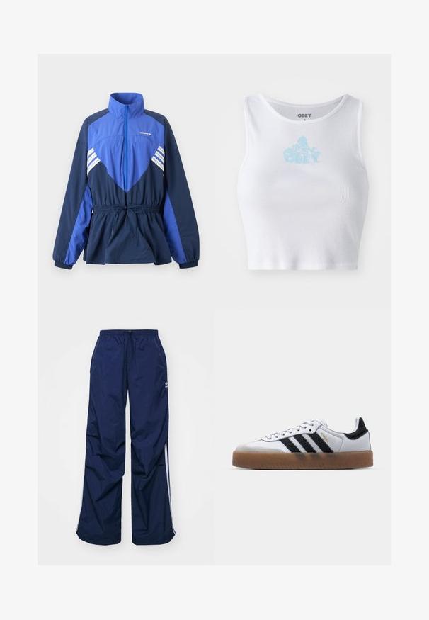 Sinine ja tumesinine Adidas tuulejope kõrge kraega, esiosas tõmblukuga, elastse vöökoha nööriga ning valgete triipudega rinnal ja varrukatel.; Valge ribav koekahvel, millel on ümmargune kaelus ja kerge sinine "OBEY" logo rinna kohal. sile tekstuur ja keha lähedane disain.; Tumesinised, kergekaalulised püksid elastse vöökoha ja nööriga, millel on valged küljeribad ja väike logo ees. Lahtise lõikega.; Valged nahast tossud mustade triipudega, kummist välistald, ümmargune nina, seotud sulgemine ja pehme hall suede ninaosa.