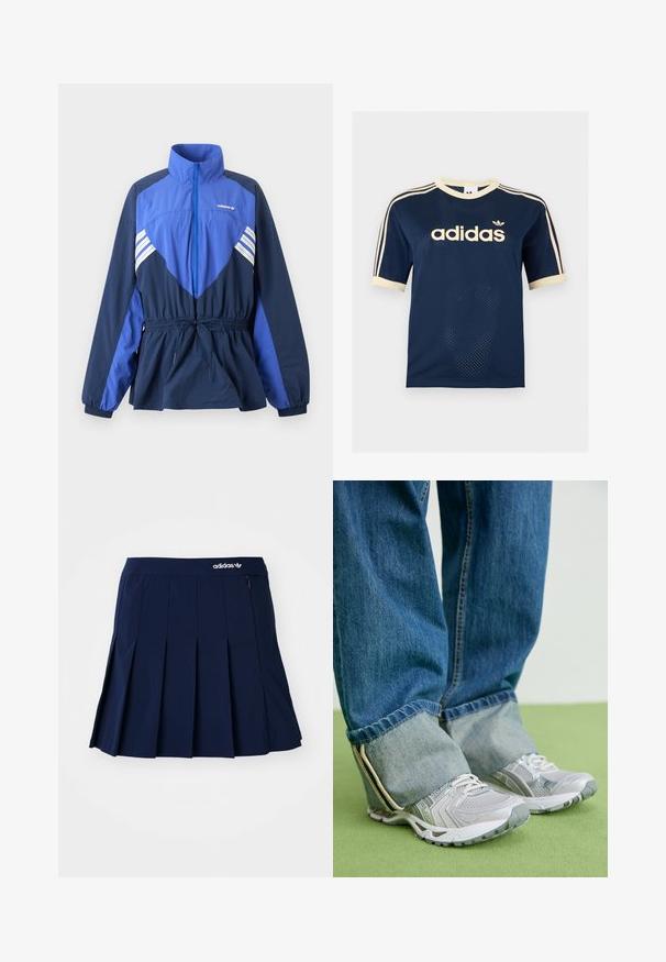 Blå og marineblå Adidas vindtæt jakke med høj krave, frontlynlås, elastisk taljetræk og hvide striber på bryst og ærmer.; Adidas mørkeblå mesh t-shirt med korte ærmer med cremefarvet kant, tre cremefarvede striber på ærmerne og Adidas-logo på brystet.; Marineblå plisseret nederdel lavet af letvægtsstof; har en elastisk talje og en lille lynlås-lomme, med et hvidt Adidas-logo på forsiden.; Grå atletiske sko med mesh-materiale og hvide accenter, parret med blå denimjeans, der er opkrøllet ved anklerne.