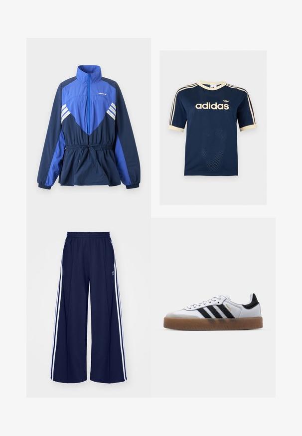 Blaues und marineblaues Adidas Windbreaker-Jacke mit hohem Kragen, Frontreißverschluss, elastischem Bund mit Kordelzug und weißen Streifen auf Brust und Ärmeln.; Marineblaues Adidas Mesh-Kurzarmshirt mit cremefarbenem Besatz, drei cremefarbenen Streifen an den Ärmeln und Adidas-Logo auf der Brust.; adidas Originals PANT - Jogginghose - night indigo; Weiße Leder Sneakers mit schwarzen Streifen, Gummigummi-Außensohle, runder Zehenform, Schnürverschluss und weichem grauem Wildleder-Zehenkappe.