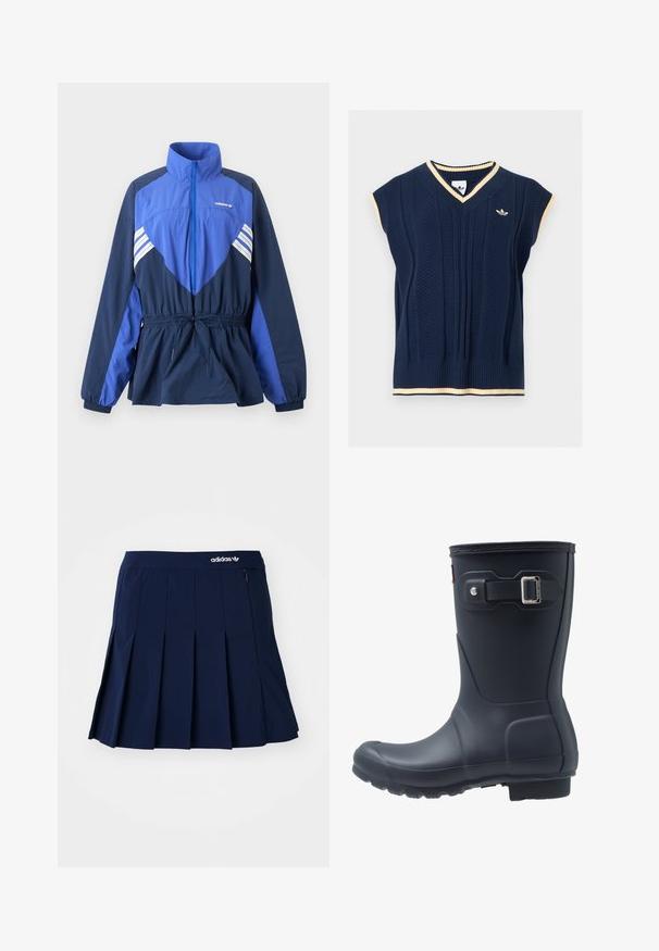 Blauwe en marineblauwe Adidas windbreaker jas met hoge kraag, ritssluiting aan de voorkant, elastisch koord in de taille en witte strepen op borst en mouwen.; Marineblauwe mouwloze gebreide vest met V-hals, crèmekleurige boord aan hals, mouwen en zoom, en klein Adidas-logo op de linkerborst.; Marineblauwe plooienrok van lichtgewicht stof; heeft een elastische tailleband en een klein zipvak, met een wit Adidas-logo op de voorkant.; Zwarte rubberen regenlaars met een ronde neus, textuurzool en verstelbaar riempje. Gladde oppervlakte met een matte afwerking.