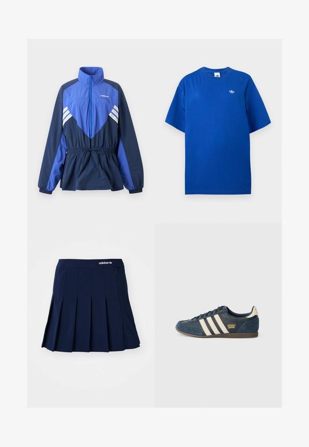Sinine ja tumesinine Adidas tuulejope kõrge kraega, esiosas tõmblukuga, elastse vöökoha nööriga ning valgete triipudega rinnal ja varrukatel.; Sinine lühikeste varrukatega Adidas T-särk ümmarguse kaelusega, vasakul rinnal väike valge Adidas trefoil logo.; Tumesinine plisseeritud seelik, mis on valmistatud kergest kangast; sisaldab elastset vööd ja väikest lukuga taskut, ees on valge Adidas logo.; Tumesinise nahast tennisekingad kreemjate triipudega, tekstuuriga varvasaalaga, kuldse "adidas JAPAN" logoga ja pruuni kummitaldaga. Klasikaline madala lõikega disain.