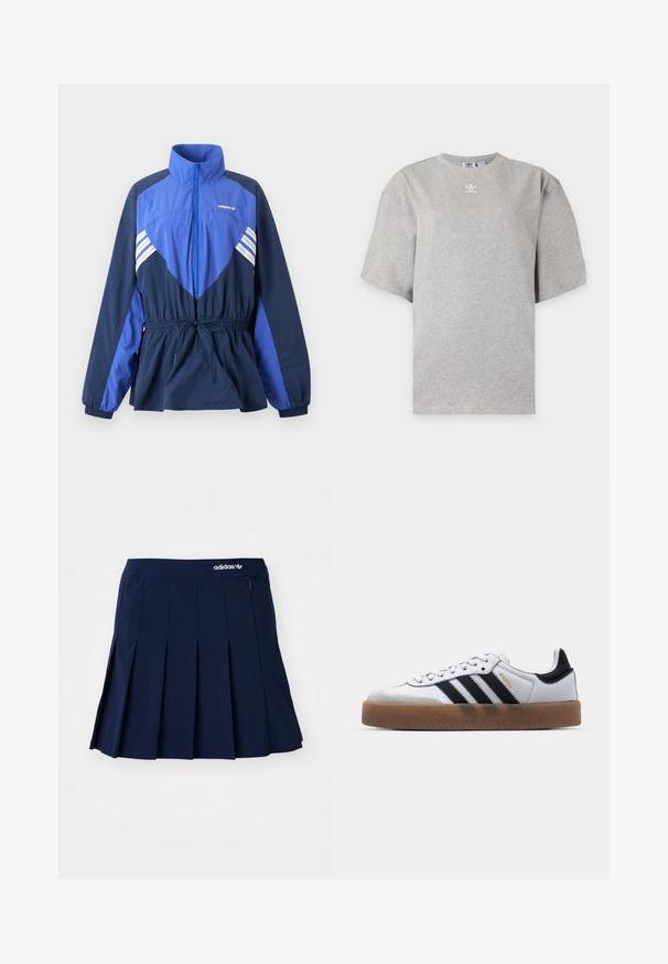 Modro-tmavomodrá vetrovka Adidas s vysokým golierom, predným zipsom, elastickým sťahovaním v páse a bielymi pruhmi na hrudi a rukávoch.; Svetlosivé tričko Adidas s krátkym rukávom, okrúhlym výstrihom a malým bielym logom Adidas na hrudi, zobrazené na jednoduchom pozadí.; Námornícky skládací sukňa vyrobená z ľahkého materiálu; má elastický pás a malú zipsovú kapsu, s bielym logom Adidas vpredu.; Biele kožené tenisky s čiernymi pruhmi, gumová podrážka, okrúhla špička, šnurovanie a mäkký sivý semišový špička.