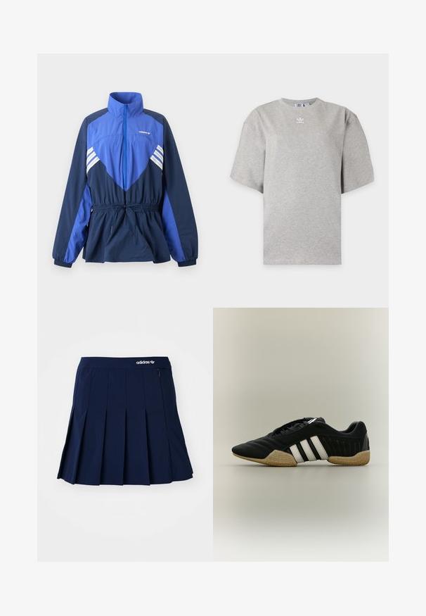 Sinine ja tumesinine Adidas tuulejope kõrge kraega, esiosas tõmblukuga, elastse vöökoha nööriga ning valgete triipudega rinnal ja varrukatel.; Helehall Adidas lühikeste varrukatega t-särk, ümara kaelusega ja väikese valge Adidas logoga rinnal, esitatud lihtsal taustal.; Tumesinine plisseeritud seelik, mis on valmistatud kergest kangast; sisaldab elastset vööd ja väikest lukuga taskut, ees on valge Adidas logo.; Must spordijalats valgete triipude ja beežika tekstuuriga tallaga neutraalsel taustal, nähtud külgprofiilis.