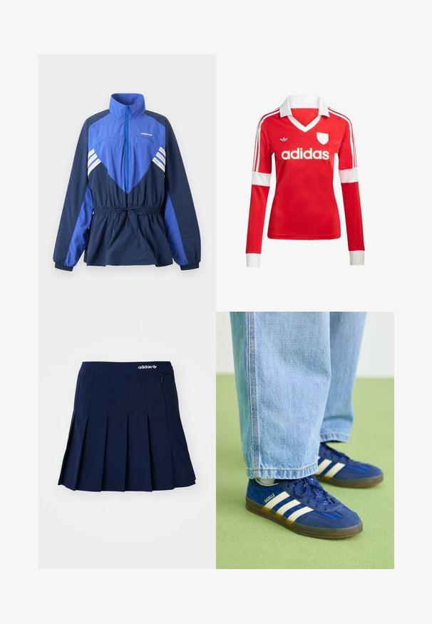 Modro-tmavomodrá vetrovka Adidas s vysokým golierom, predným zipsom, elastickým sťahovaním v páse a bielymi pruhmi na hrudi a rukávoch.; Červený futbalový dres s dlhým rukávom a bielym golierom a manžetami. Na ramenách sú tri biele pruhy a výrazne zobrazené logo "adidas".; Námornícky skládací sukňa vyrobená z ľahkého materiálu; má elastický pás a malú zipsovú kapsu, s bielym logom Adidas vpredu.; Modré semišové tenisky s bielymi pruhmi a textúrovanými vzormi, obuté s svetlomodrými džínsami, na pozadí zelenej farby.
