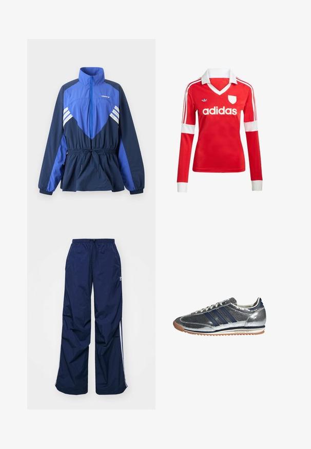 Sinine ja tumesinine Adidas tuulejope kõrge kraega, esiosas tõmblukuga, elastse vöökoha nööriga ning valgete triipudega rinnal ja varrukatel.; Punane pikade varrukatega jalgpallipluus valge krae ja varrukateotstega. Omab kolme valget triipu õlgadel ja väljapaistvat "adidas" logo.; Tumesinised, kergekaalulised püksid elastse vöökoha ja nööriga, millel on valged küljeribad ja väike logo ees. Lahtise lõikega.; Hõbedased sünteetilised tenninga navy triibudega, ümmargune varvas, valge vooder ja kummikreen. Omab tekstuuri pealmist osa ja nööriga sulgemist.
