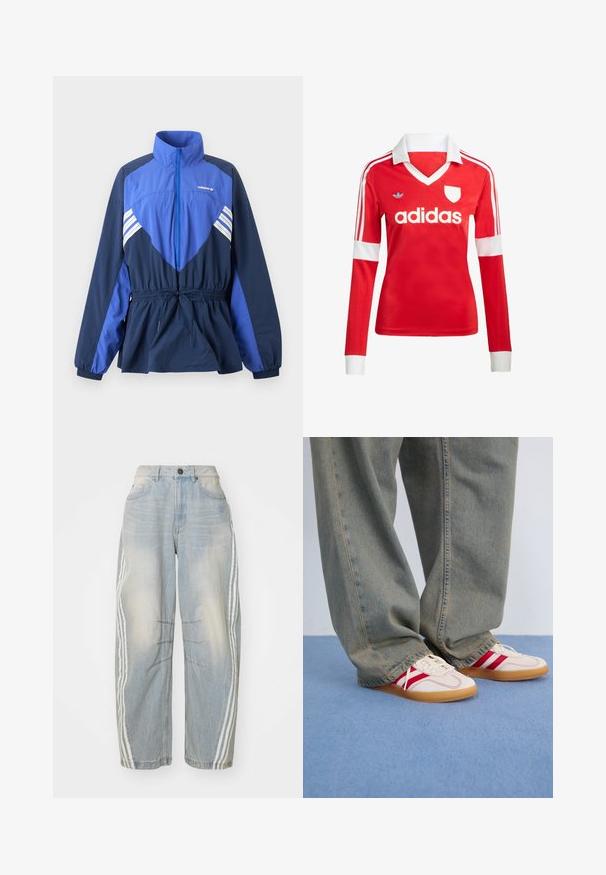 Blaues und marineblaues Adidas Windbreaker-Jacke mit hohem Kragen, Frontreißverschluss, elastischem Bund mit Kordelzug und weißen Streifen auf Brust und Ärmeln.; Rotes Fußballtrikot mit langen Ärmeln, weißem Kragen und weißen Ärmelbündchen. Es hat drei weiße Streifen auf den Schultern und das "adidas"-Logo ist auffällig platziert.; Hellblaue Jeans aus Denim mit lockerer Passform, seitlichen weißen Streifen, verwaschenem Design und einem Knopfverschluss an der Taille.; Weiße Sneaker mit roten Streifen, Obermaterial aus strukturiertem Canvas, runde Zehenpartie, flache Gummisohle, kombiniert mit lockeren, ausgebleichten blauen Jeanshosen.